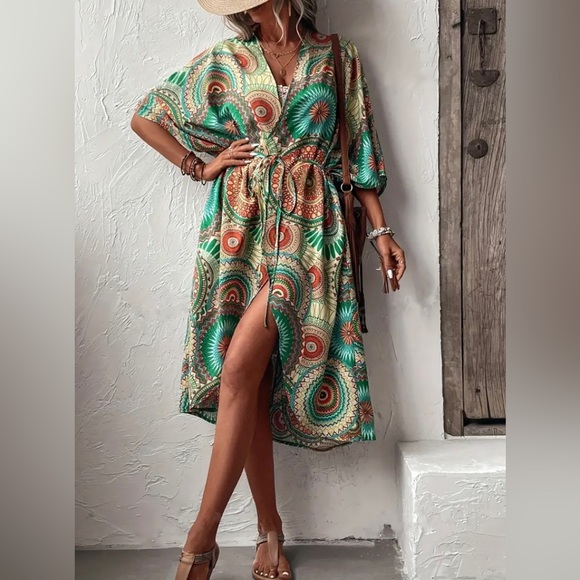 New Mandala Print Open Front Kimono Boho 3/4 Sleeve Cover Up Longline Swim Cover - Picture 2 of 10